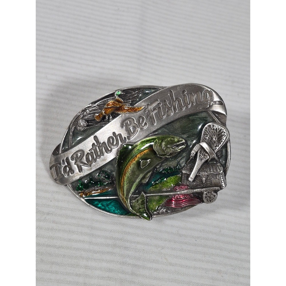 1985 Siskiyou Pewter & Enamel Belt Buckle "I'd Rather Be Fishing" Trout M-30